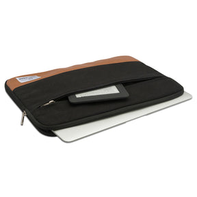 Canvas-Laptophülle 12-15 Zoll in Schwarz mit braunem Kunstlederdetails und Reißverschlussfach mit E-Reader