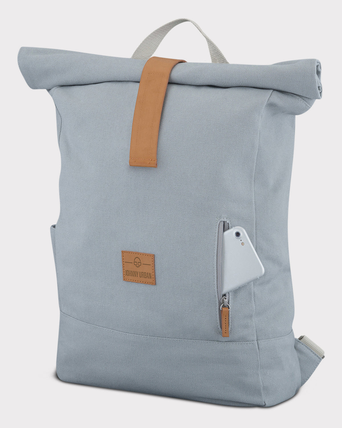 Rolltop Rucksack 'Adam Large' in Grau aus Canvas mit kleinem Reißverschlussfach, teilweise geöffnet mit Smartphone