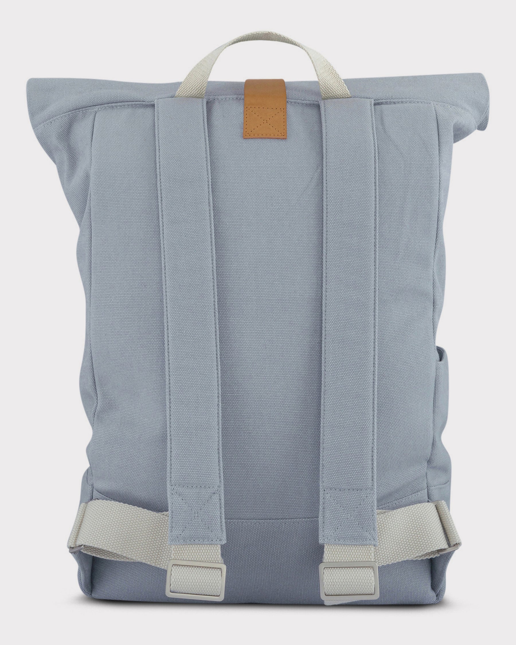 Rolltop Rucksack "Adam Large" in Grau, Rückansicht mit gepolsterten Schultergurten und Trageschlaufe