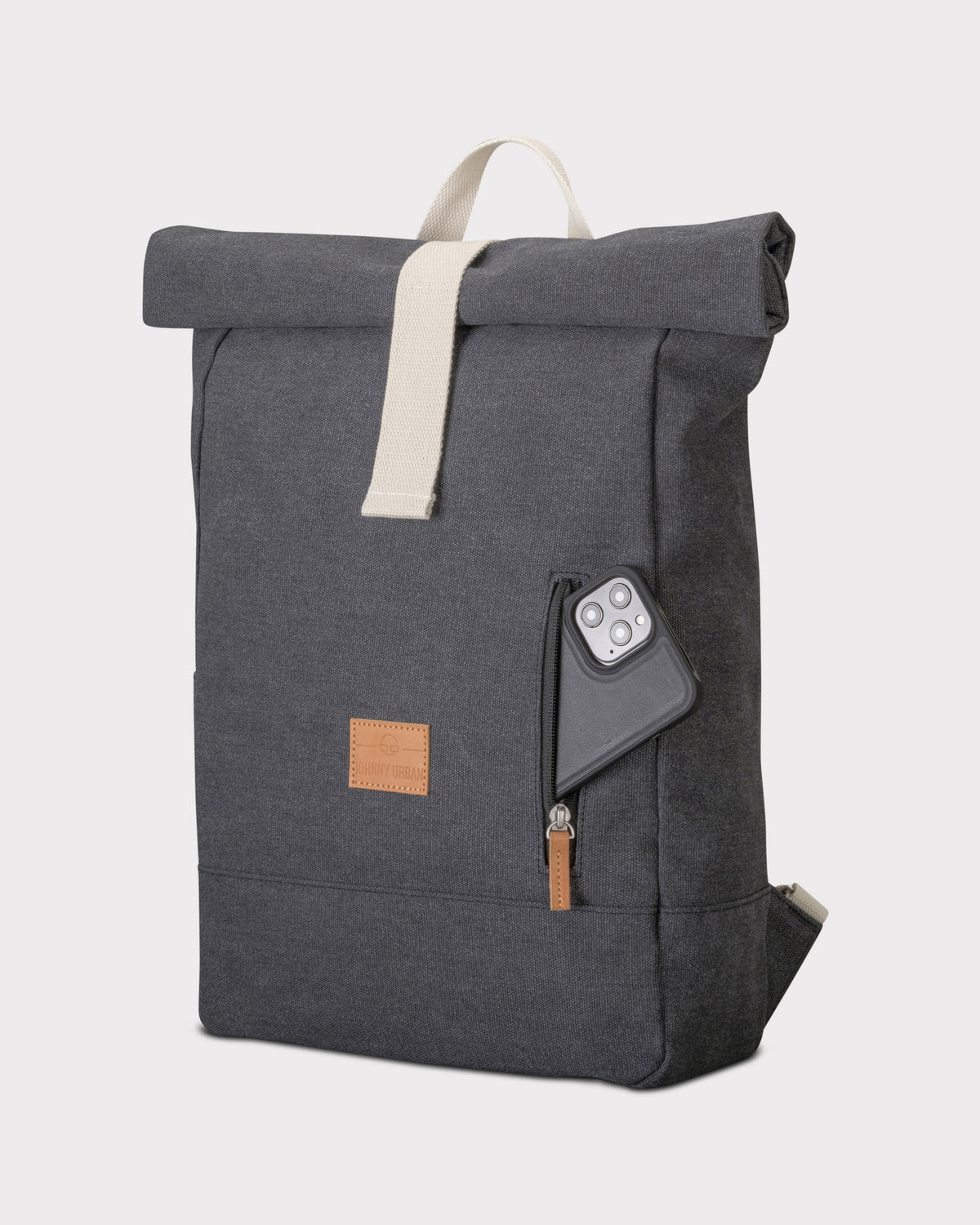 Anthrazitfarbener Rolltop-Rucksack 'Adam Large' mit Fronttasche und Smartphone