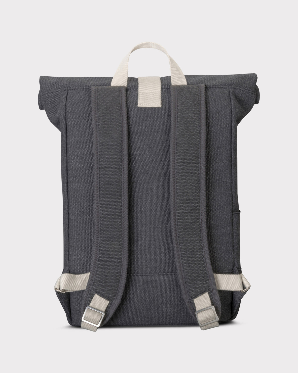 Rückansicht des anthrazitfarbenen Rolltop Rucksacks 'Adam Large' mit gepolsterten Schultergurten und hellem Tragegriff