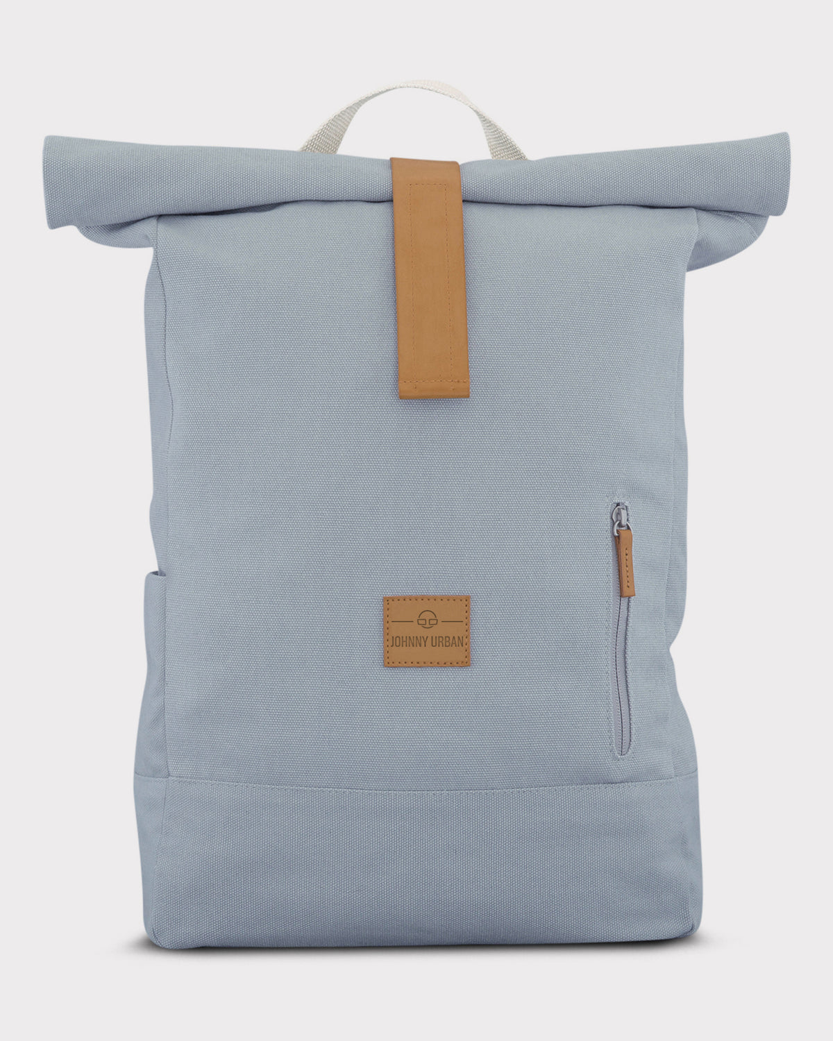 Hellgrauer Rolltop Rucksack 'Adam Large' mit braunen Lederdetails und seitlichem Reißverschlussfach