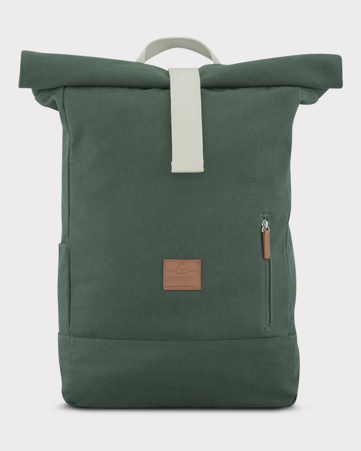 Rolltop Rucksack 'Adam Large' in grün aus Canvas mit weißem Verschlussriemen und Fronttasche mit Reißverschluss