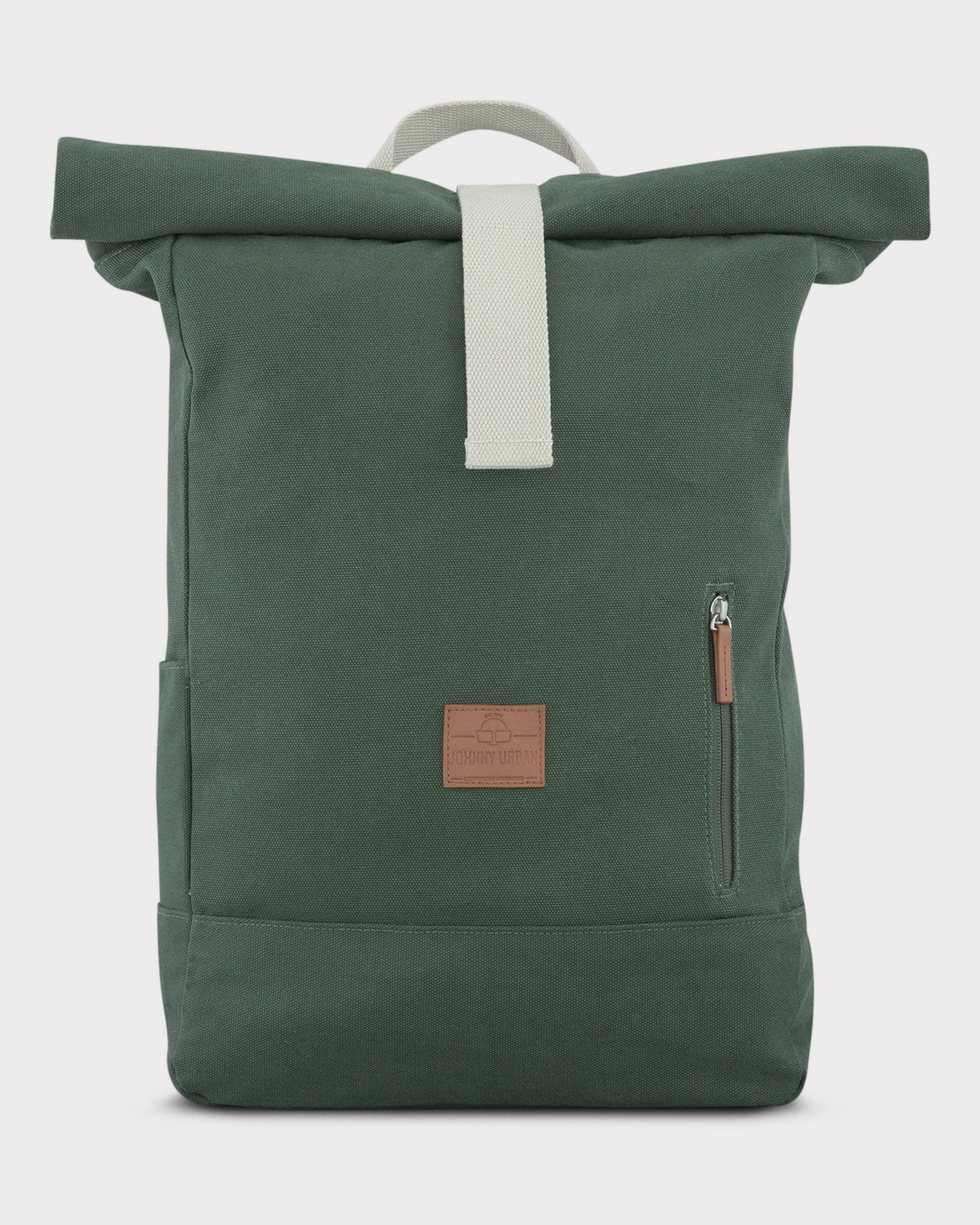 Rolltop Rucksack 'Adam Large' in grün aus Canvas mit weißem Verschlussriemen und Fronttasche mit Reißverschluss
