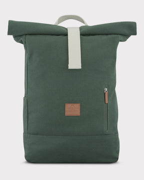 Rolltop Rucksack 'Adam Large' in grün aus Canvas mit weißem Verschlussriemen und Fronttasche mit Reißverschluss