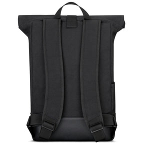 Rolltop Rucksack 'Adam Large' von Johnny Urban aus schwarzem Canvas, Rückseite mit gepolsterten Schultergurten und Tragegriff