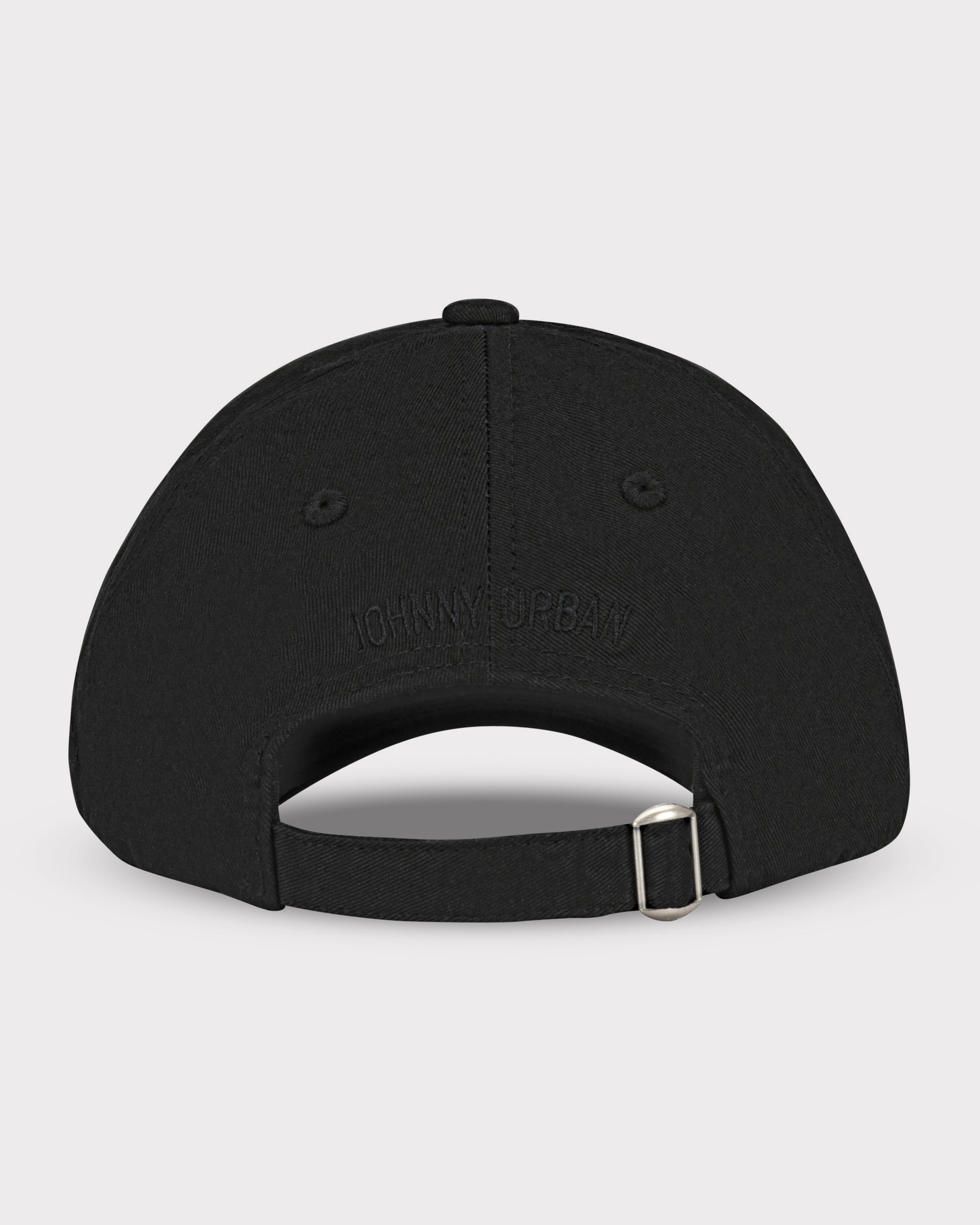 Schwarze Johnny Urban Kappe 'Jen' Rückansicht mit verstellbarem Riemen und Metallverschluss