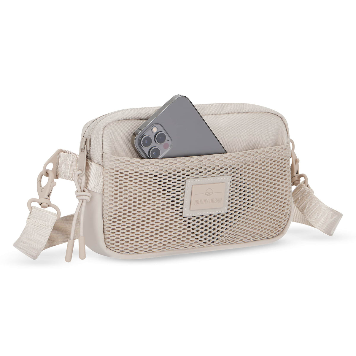 Beige Umhängetasche 'Elliot' mit Netzvordertasche, Smartphone steckt darin