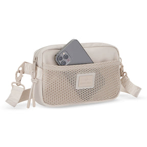 Beige Umhängetasche 'Elliot' mit Netzvordertasche, Smartphone steckt darin