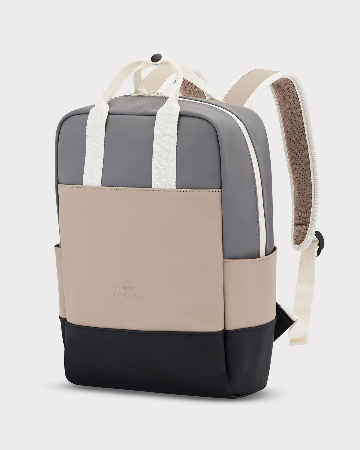 Rucksack Hailey in Beige, Grau und Schwarz mit weißen Tragegriffen und gepolsterten Trägern