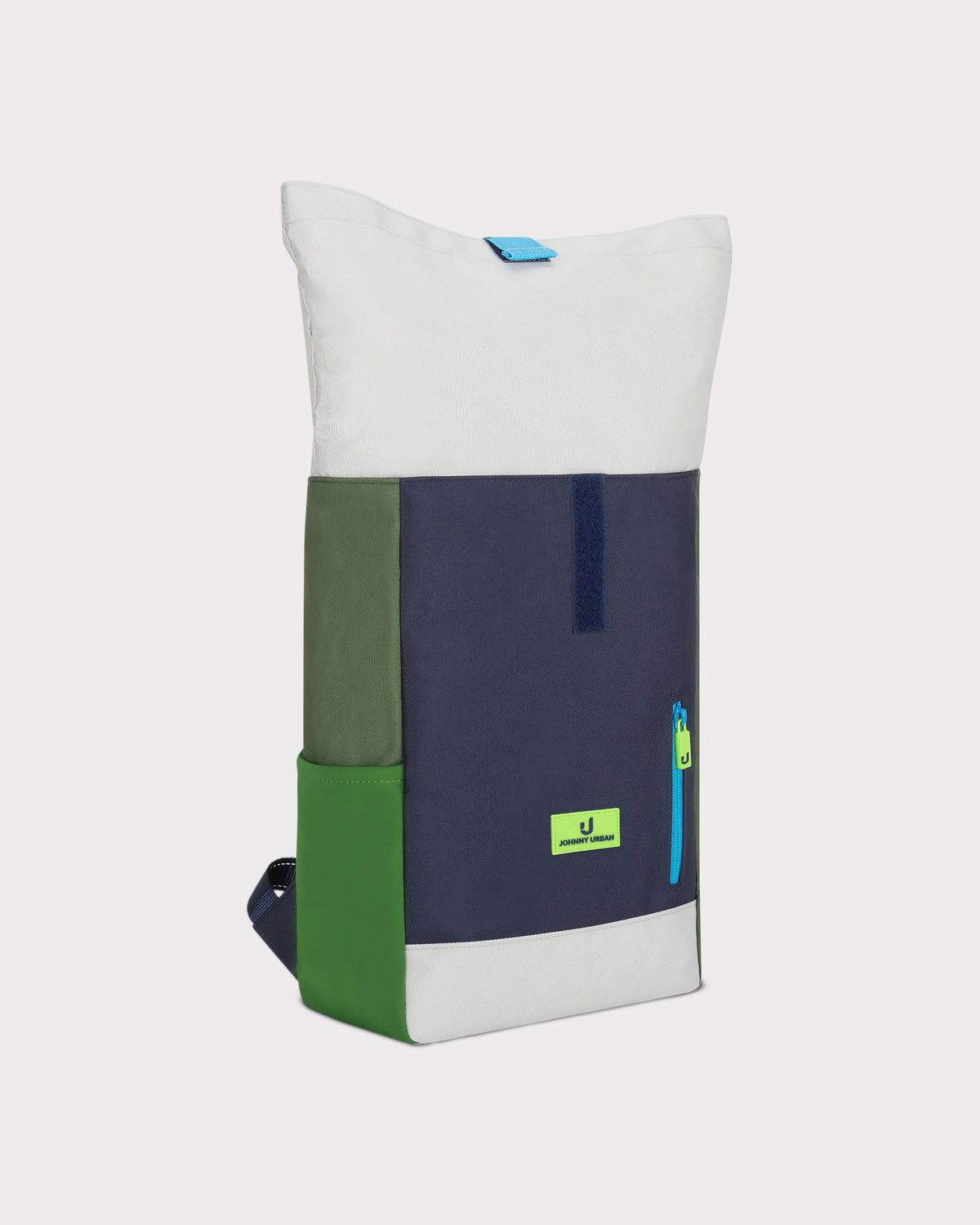 Rolltop-Kinderrucksack Aaron von Johnny Urban in Weiß, Blau, Grün mit seitlicher Tasche und Reißverschluss