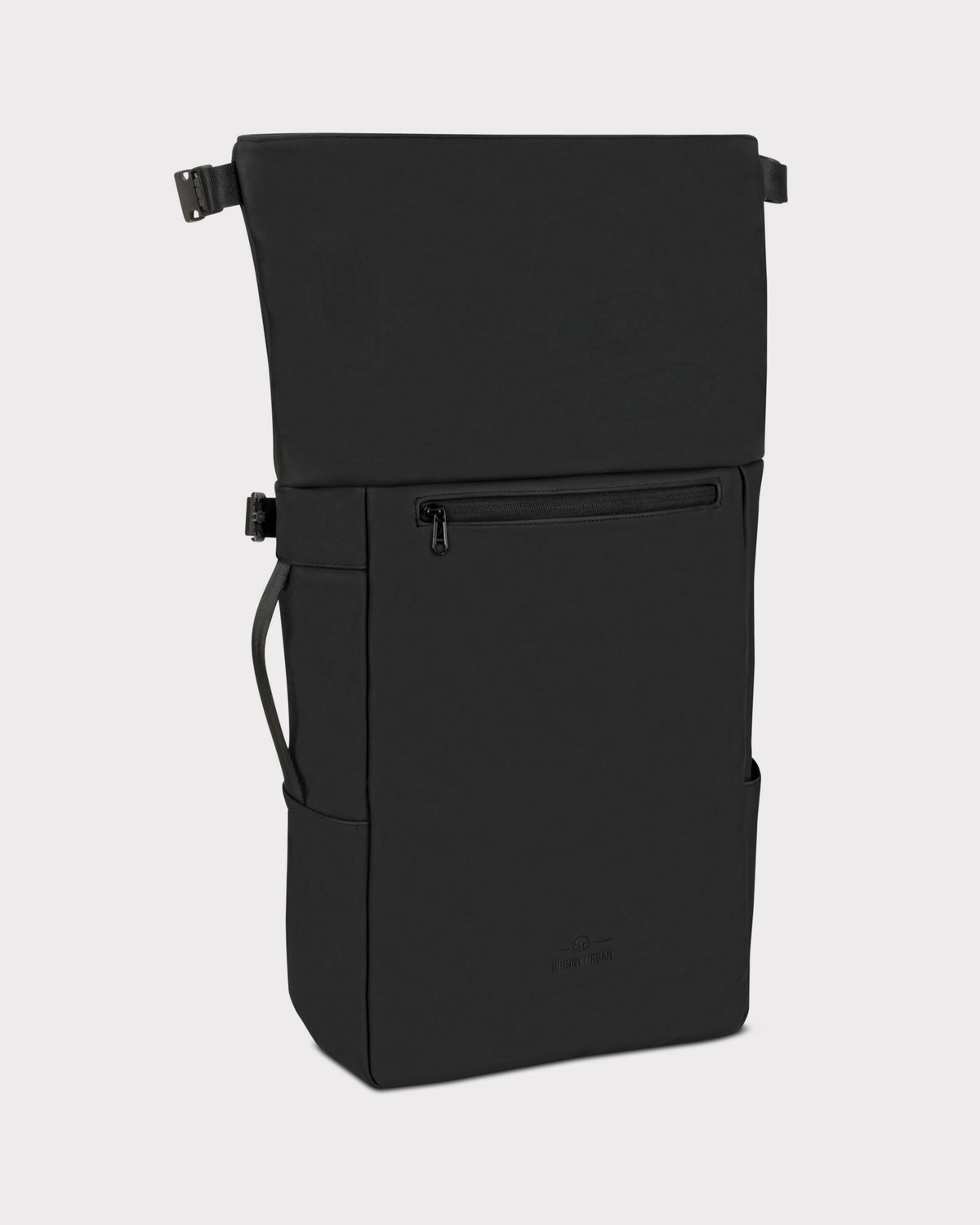 Schwarzer Rolltop Rucksack 'Henry' mit Vorderfach und seitlichen Taschen
