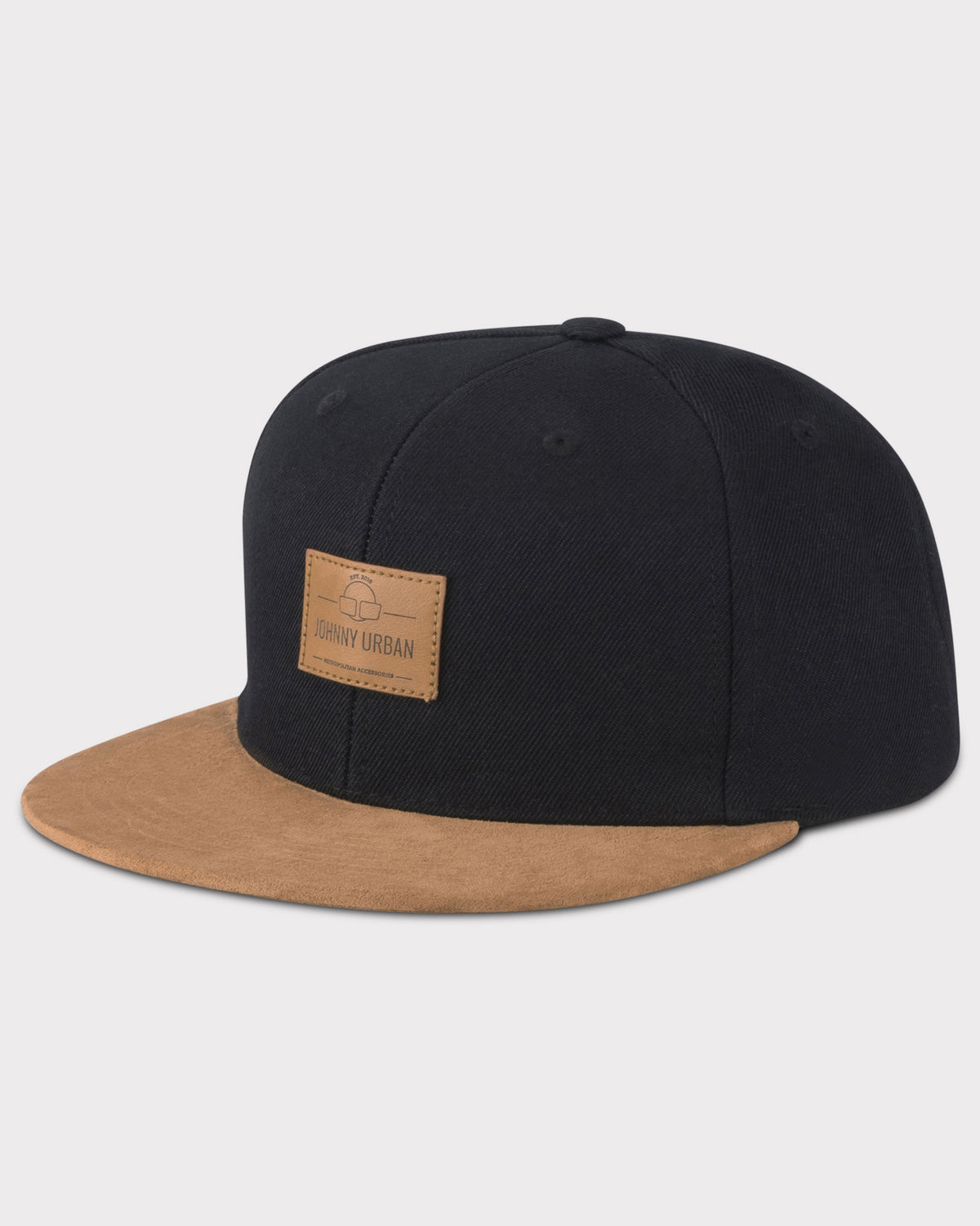 Schwarze Johnny Urban Cap 'Dean' mit flachem braunem Schirm und Lederpatch vorn