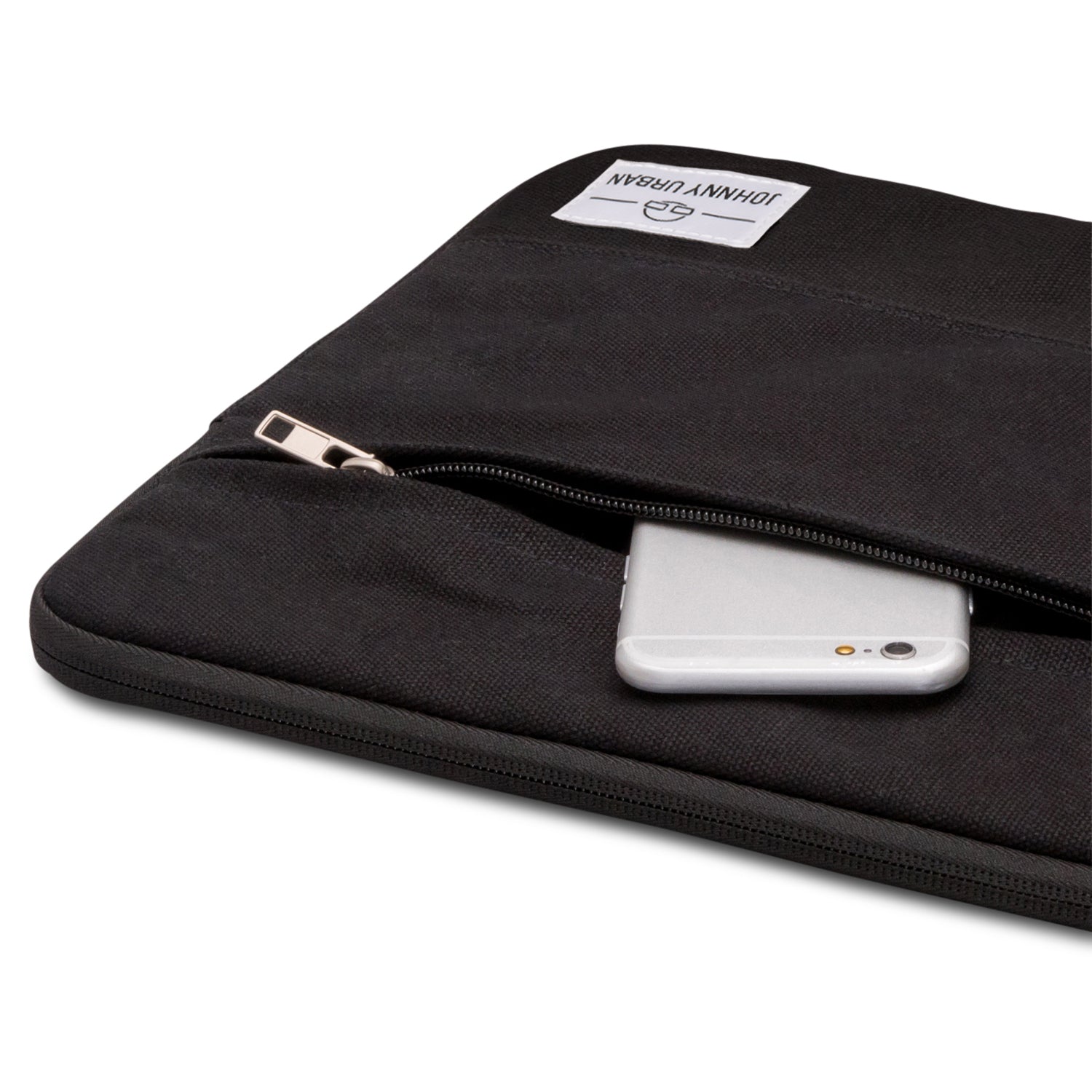 Schwarze Johnny Urban Canvas Laptop Hülle für 12-15 Zoll mit Reißverschlusstasche, teilweise geöffneter Reißverschluss zeigt silbernes Smartphone