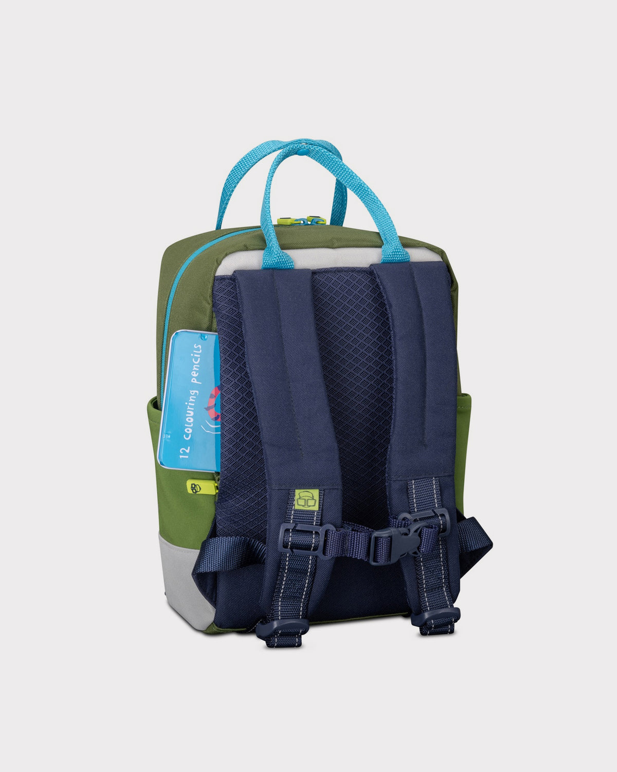 Kinderrucksack Linus mit gepolsterten dunkelblauen Trägern und olivgrünem Hauptkörper