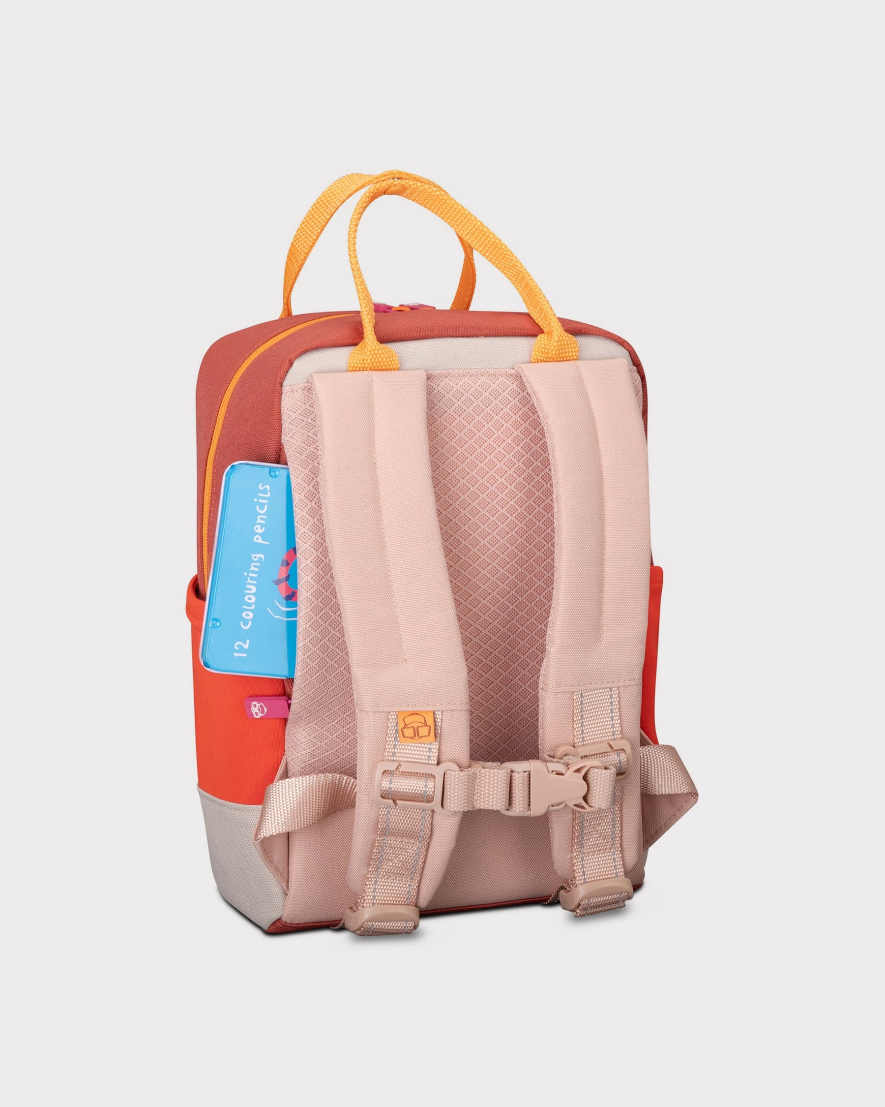 Kinderrucksack Linus mit gepolsterten Trägern, Brustgurt und zwei Henkeln in Orange-Rosa-Tönen
