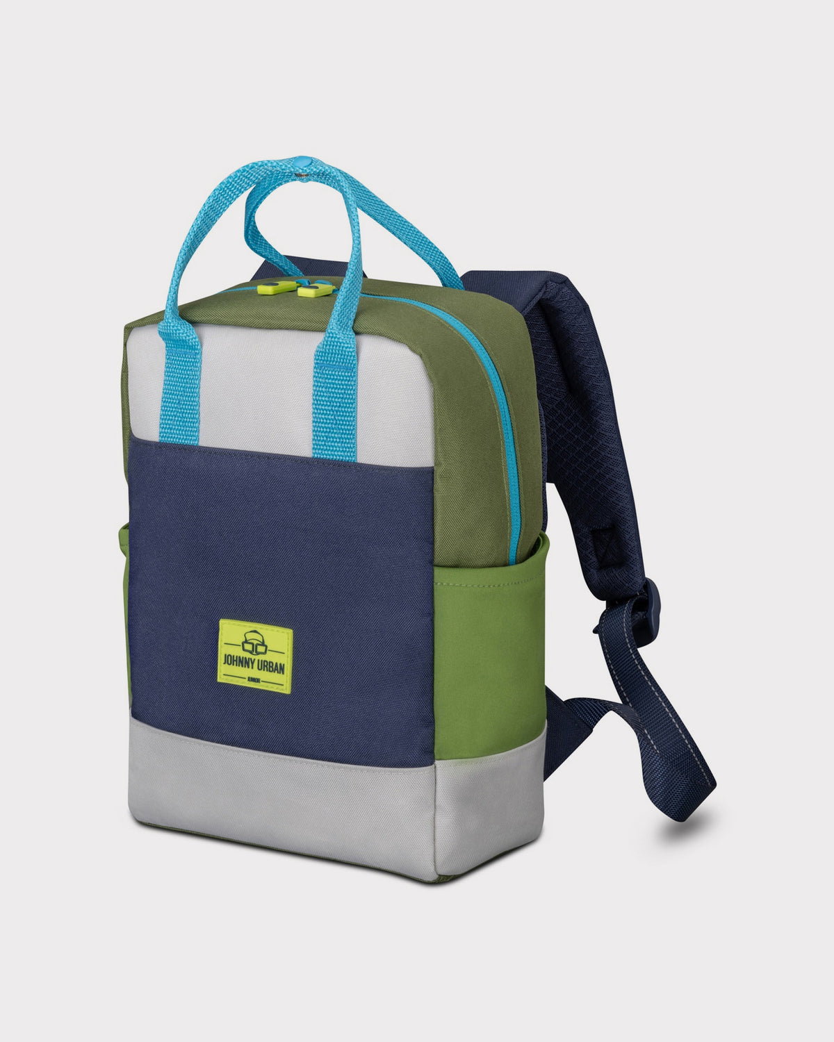Kinderrucksack 'Linus' von Johnny Urban in Blau, Grün und Grau mit türkisfarbenen Griffen und Trägern