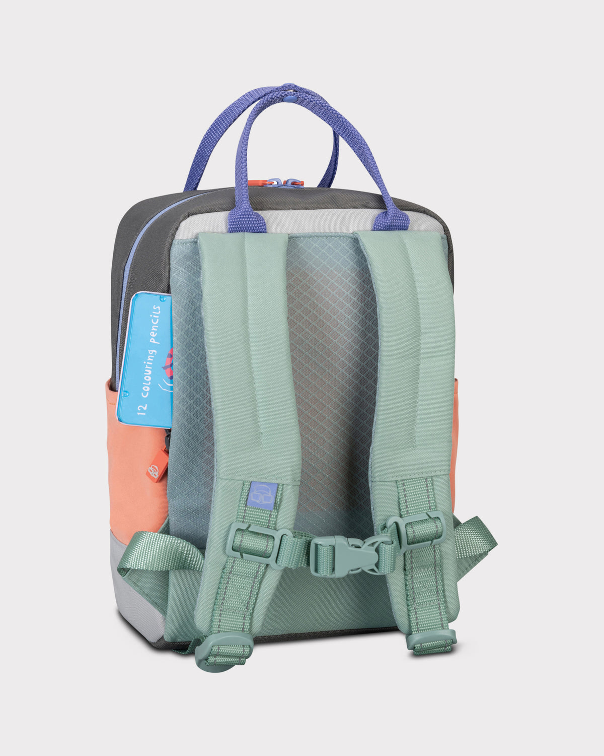 Kinderrucksack Linus mit gepolsterten, grünen Trägern, blauem Griff und orange-grauer Rückseite