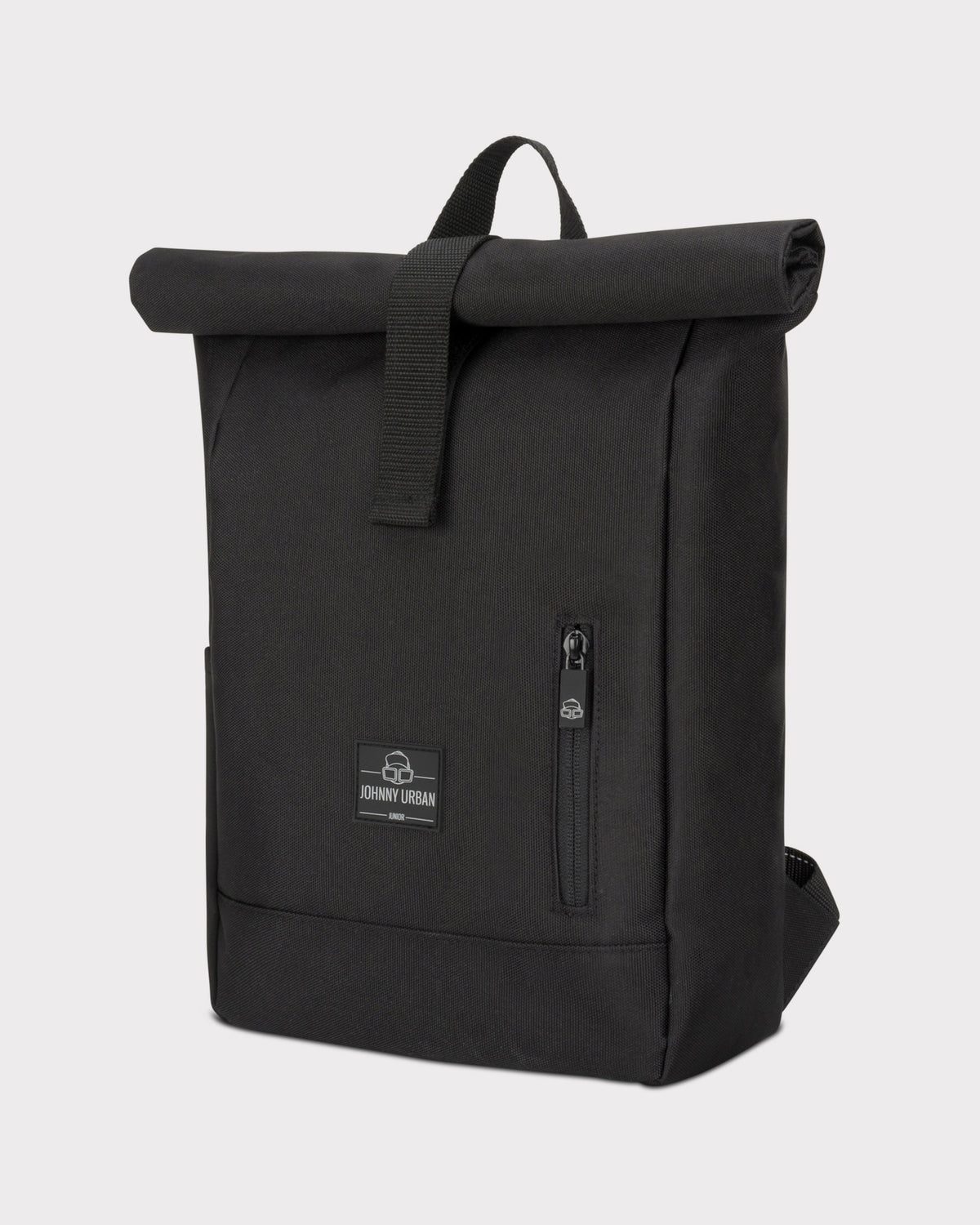 Schwarzer Rolltop-Kinderrucksack 'Aaron' von Johnny Urban mit seitlichem Reißverschluss und bunten Buntstiften