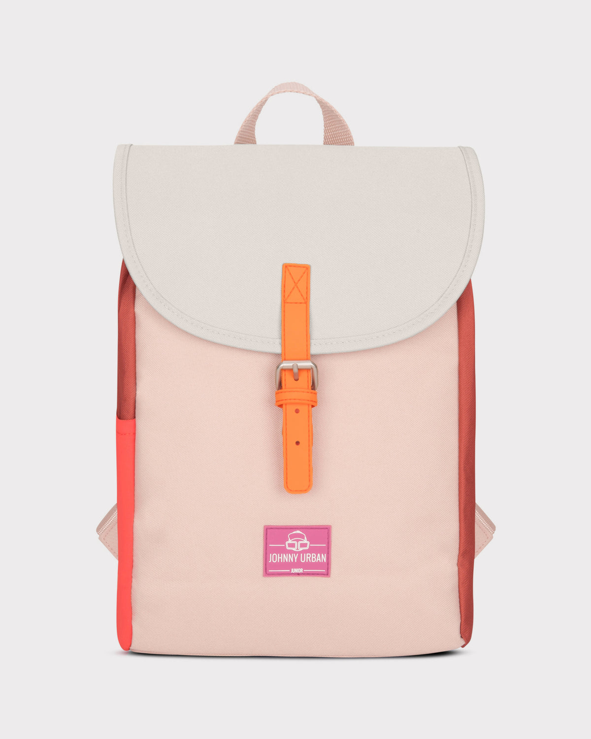 Kinderrucksack 'Liam' in Rosa mit hellem klappbarem Deckel und orangefarbenem Verschlussriemen