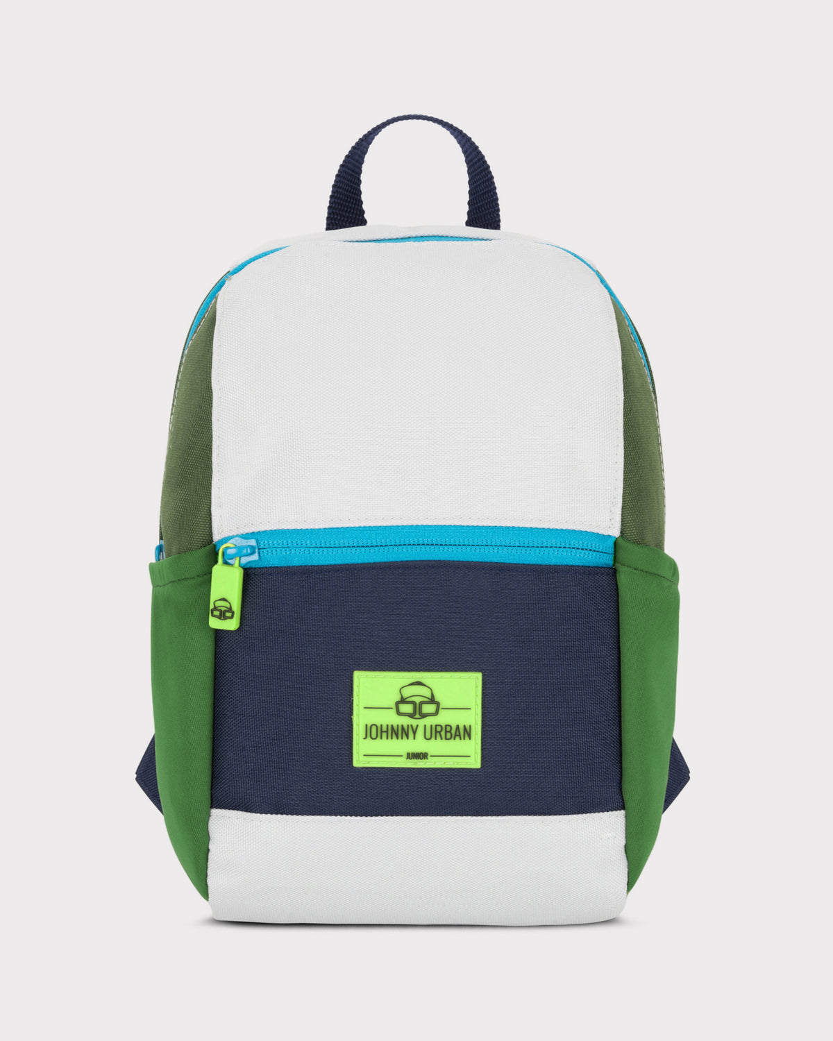 Kleiner Kinderrucksack Leo von Johnny Urban in Weiß, Dunkelblau und Grün mit türkisem Reißverschluss und grünem Logo