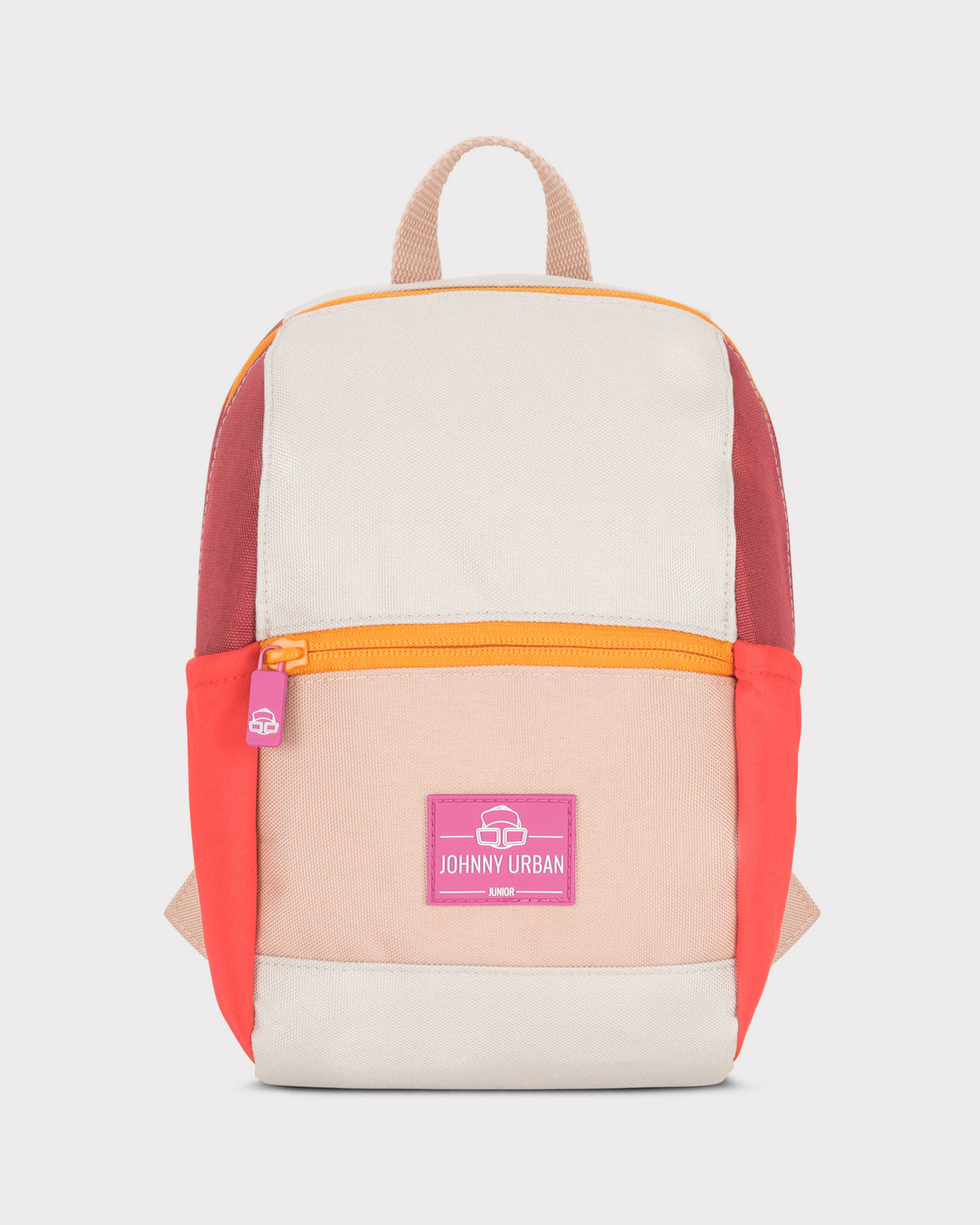 Kinderrucksack ‚Leo‘ von Johnny Urban in Rosa mit roten Seitentaschen und orangem Reißverschluss