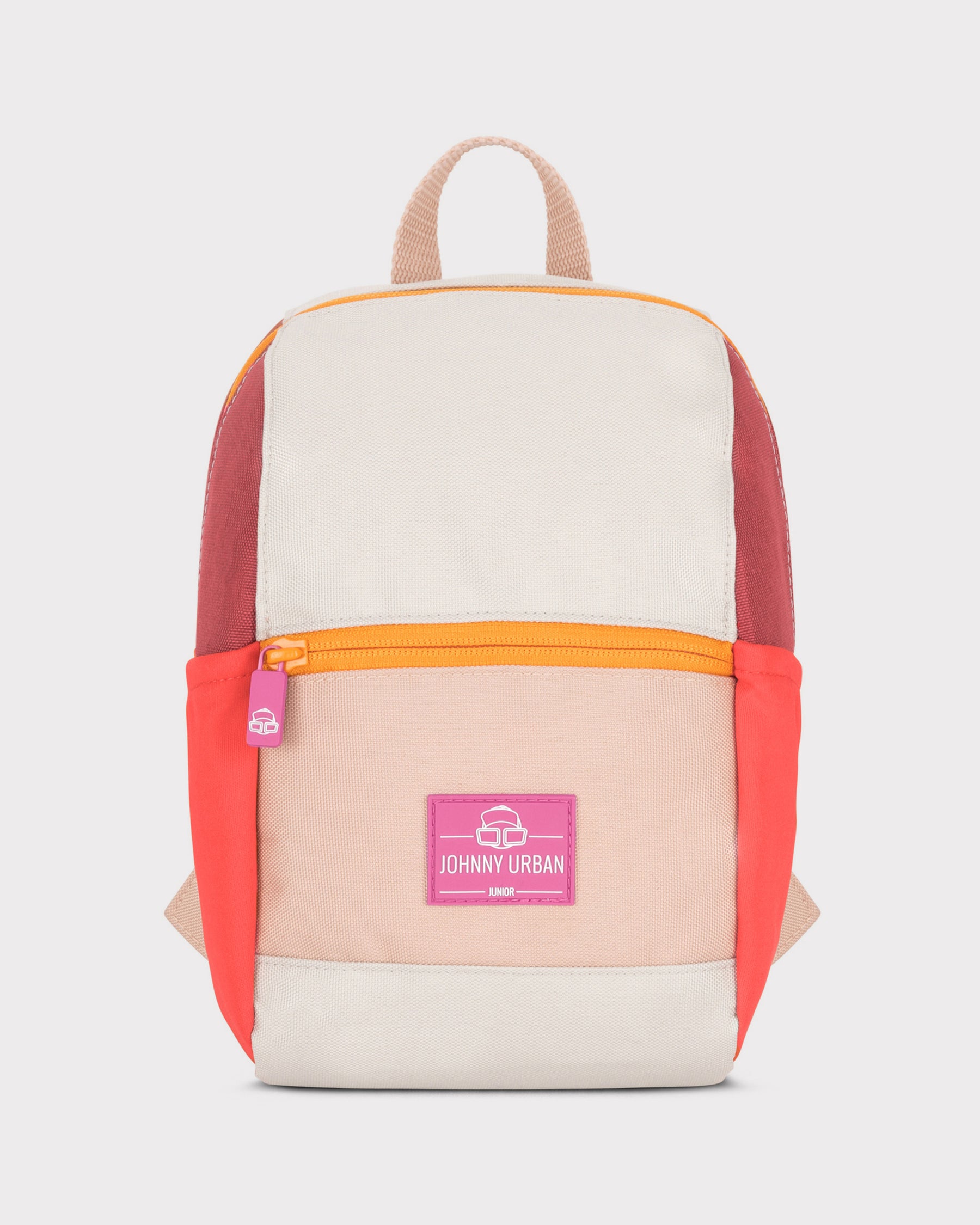 Kinderrucksack ‚Leo‘ von Johnny Urban in Rosa mit roten Seitentaschen und orangem Reißverschluss