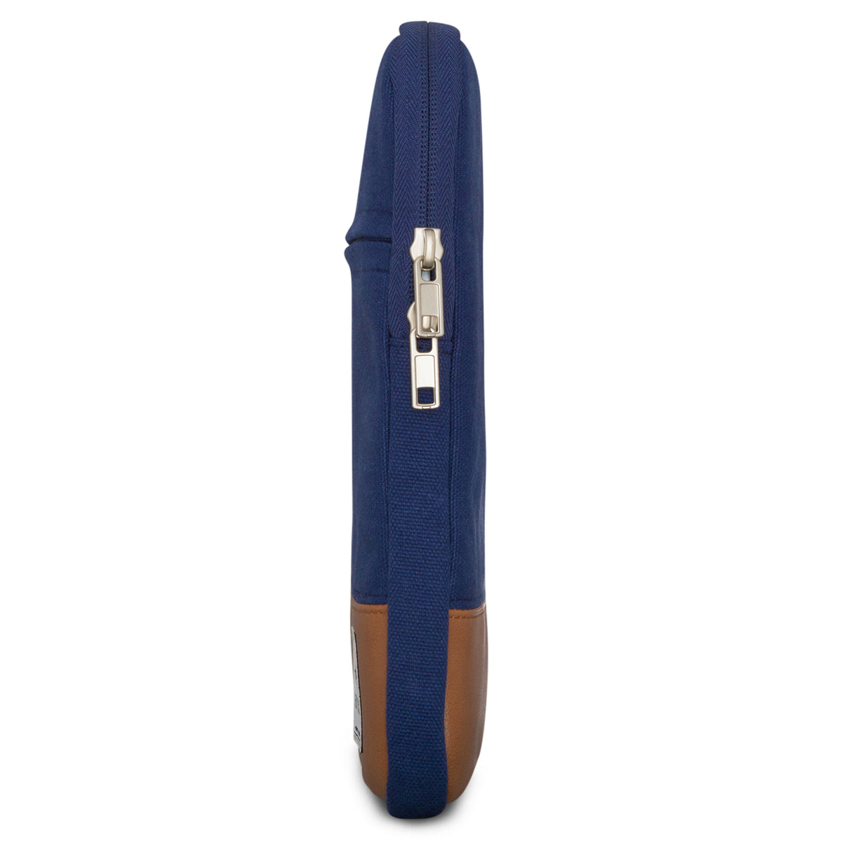 Seitenansicht einer Laptop-Hülle in Blau mit braunem Boden, für 12-15 Zoll Geräte