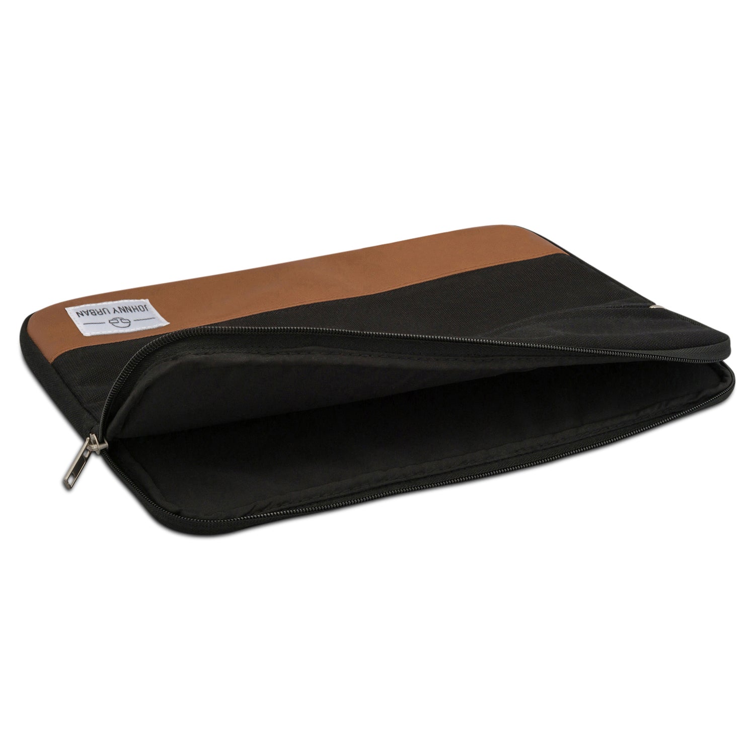 Johnny Urban Laptop Hülle für 12-15 Zoll Geräte, schwarz mit braunem Akzent, Reißverschluss geöffnet