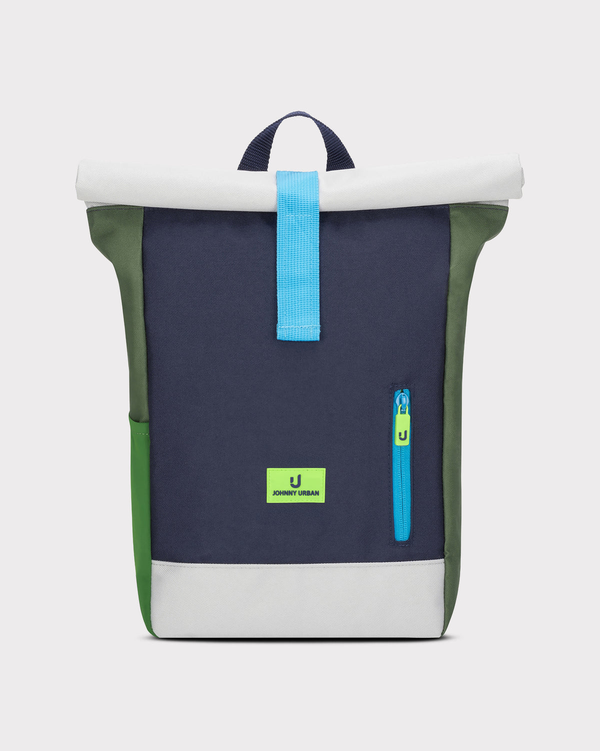 Rolltop-Kinderrucksack Aaron in Blau-Grün mit hellem Rollverschluss und seitlichem Reißverschluss von Johnny Urban