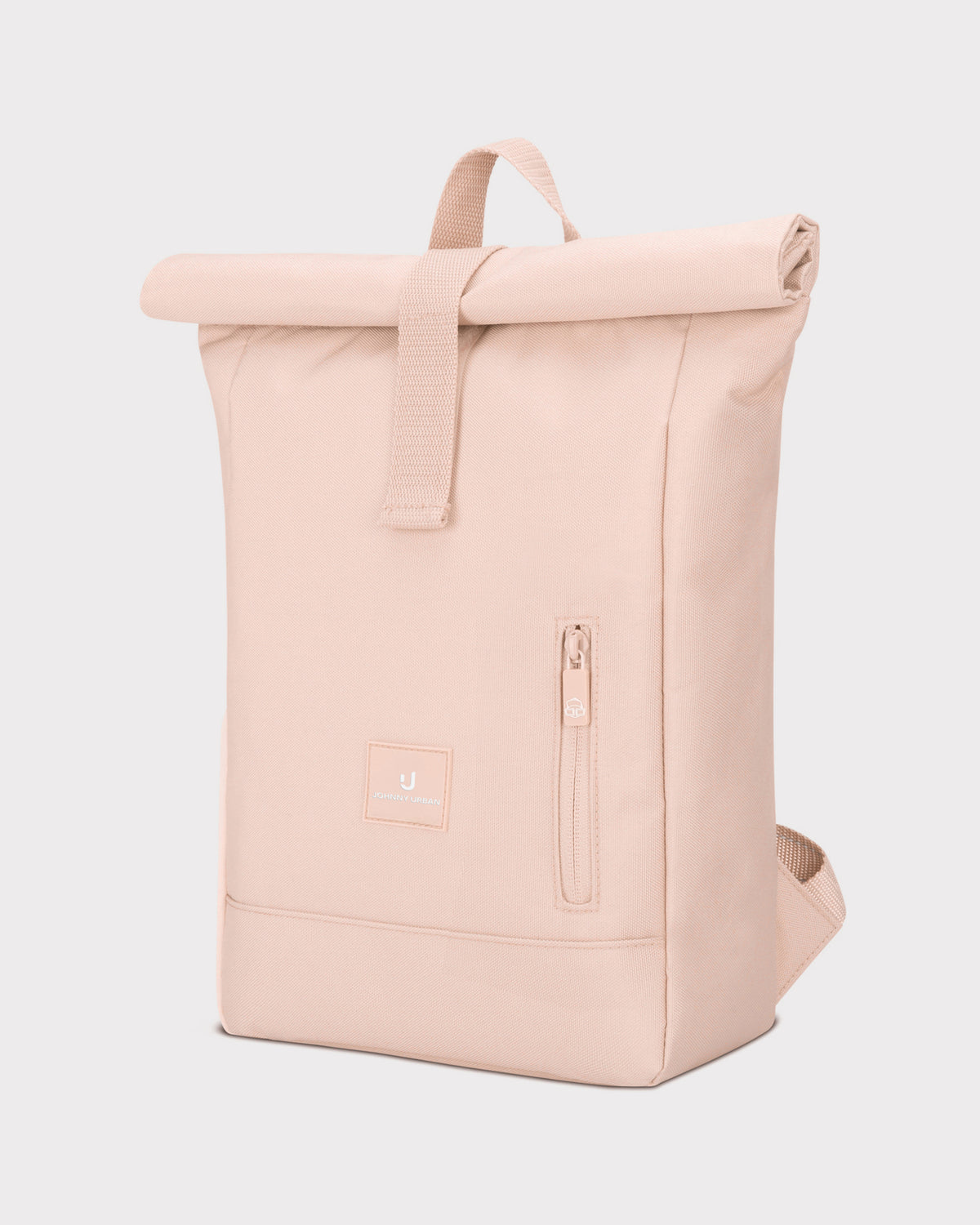 Rolltop Kinderrucksack Aaron in Rosa mit seitlichem Reißverschlussfach, gefüllt mit bunten Buntstiften