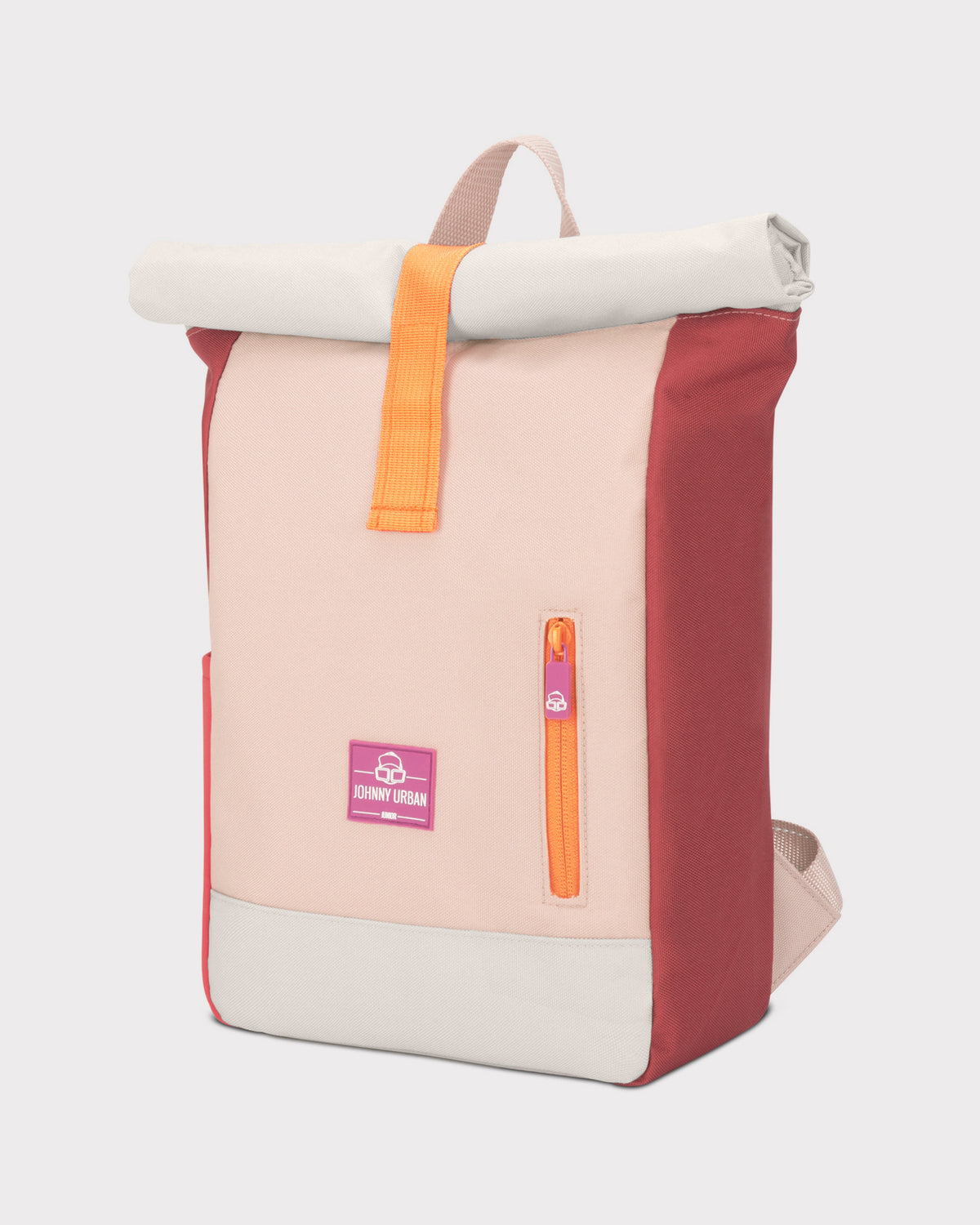 Rolltop Kinderrucksack 'Aaron' in Rosa mit bunten Farbstiften in vorderseitiger Reißverschlusstasche