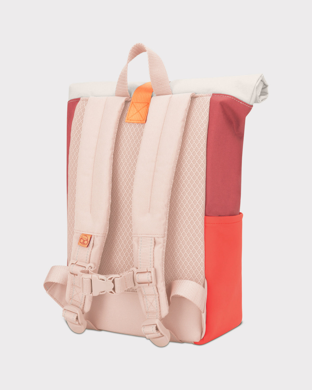 Rolltop-Kinderrucksack "Aaron" mit gepolsterten, hellrosa Trägern, rot-orange Seiten und hellem Rolltop