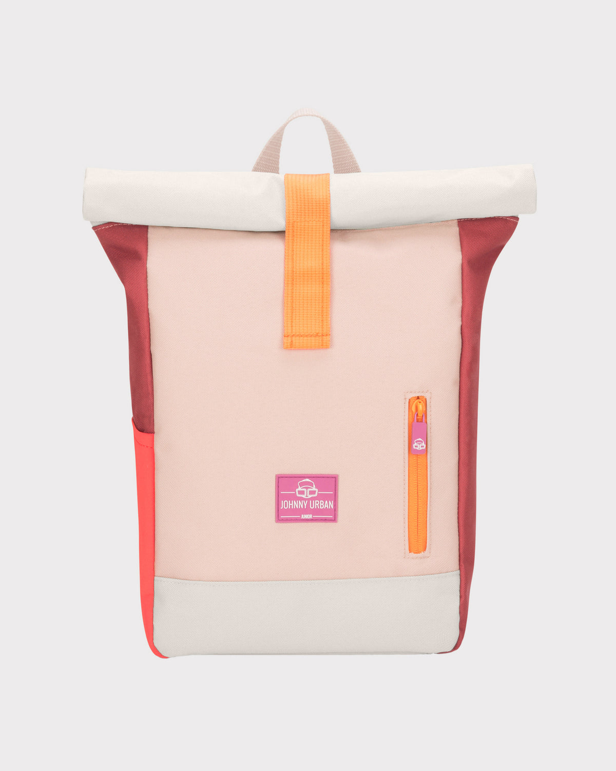 Rolltop Kinderrucksack 'Aaron' in rosa, beige und rot mit orangem Verschluss und Reißverschluss