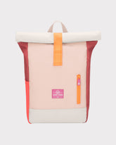Rolltop Kinderrucksack 'Aaron' in rosa, beige und rot mit orangem Verschluss und Reißverschluss