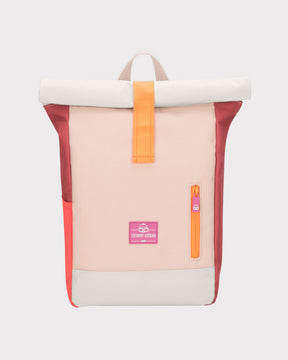 Rolltop Kinderrucksack 'Aaron' in rosa, beige und rot mit orangem Verschluss und Reißverschluss