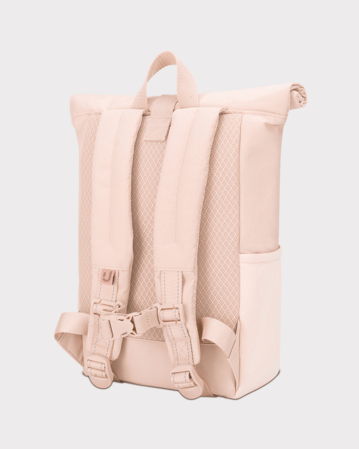 Rosa Rolltop-Kinderrucksack Aaron mit gepolsterten Schulterriemen und Mesh-Grundfläche