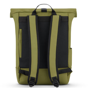 Rolltop Rucksack 'Harvey Medium' in Olivegrün, Rückseite mit gepolsterten schwarzen Trägern und atmungsaktivem Rücken