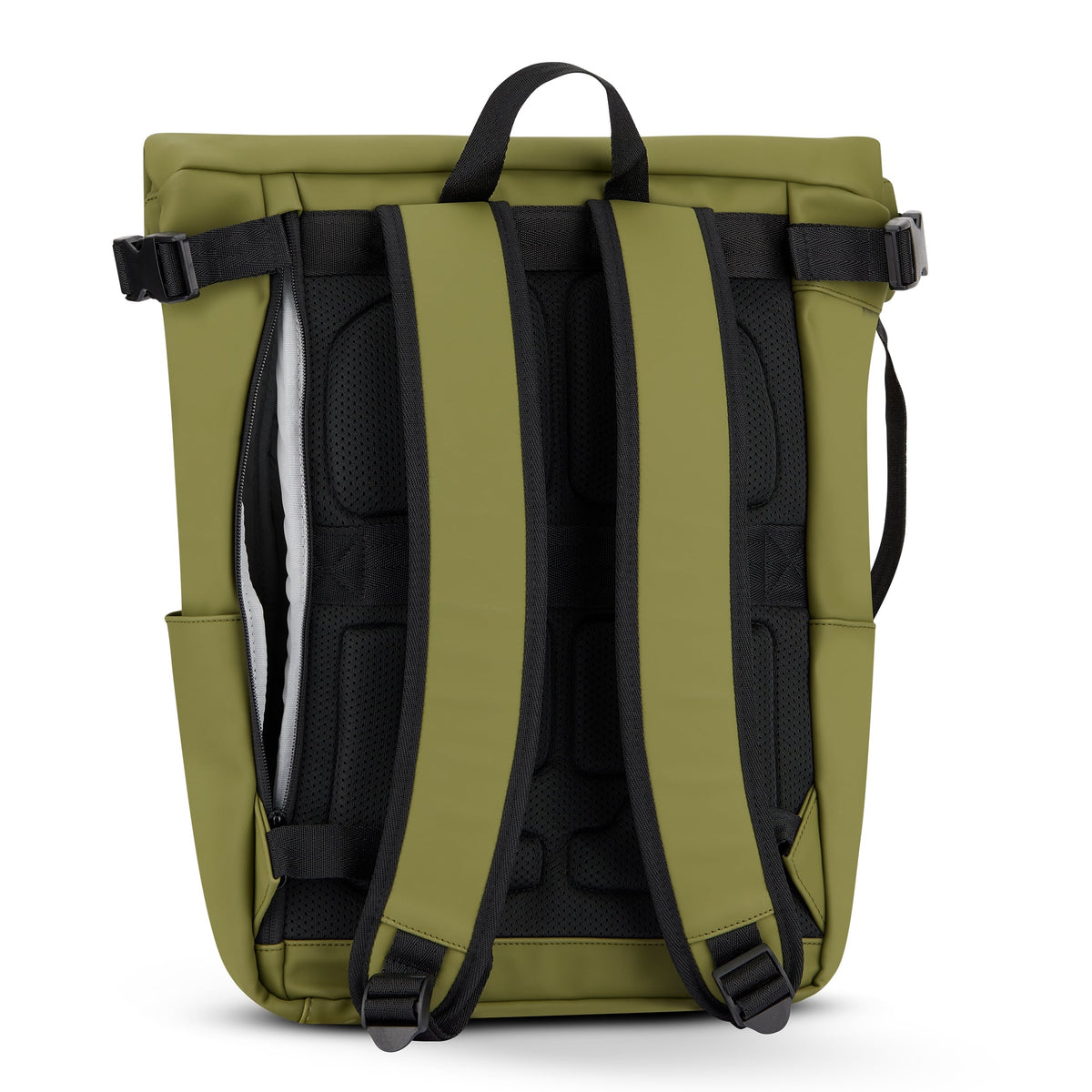 Rückansicht des olivgrünen Johnny Urban Rolltop Rucksacks 'Henry' mit gepolsterten Schultergurten und Belüftungspolster