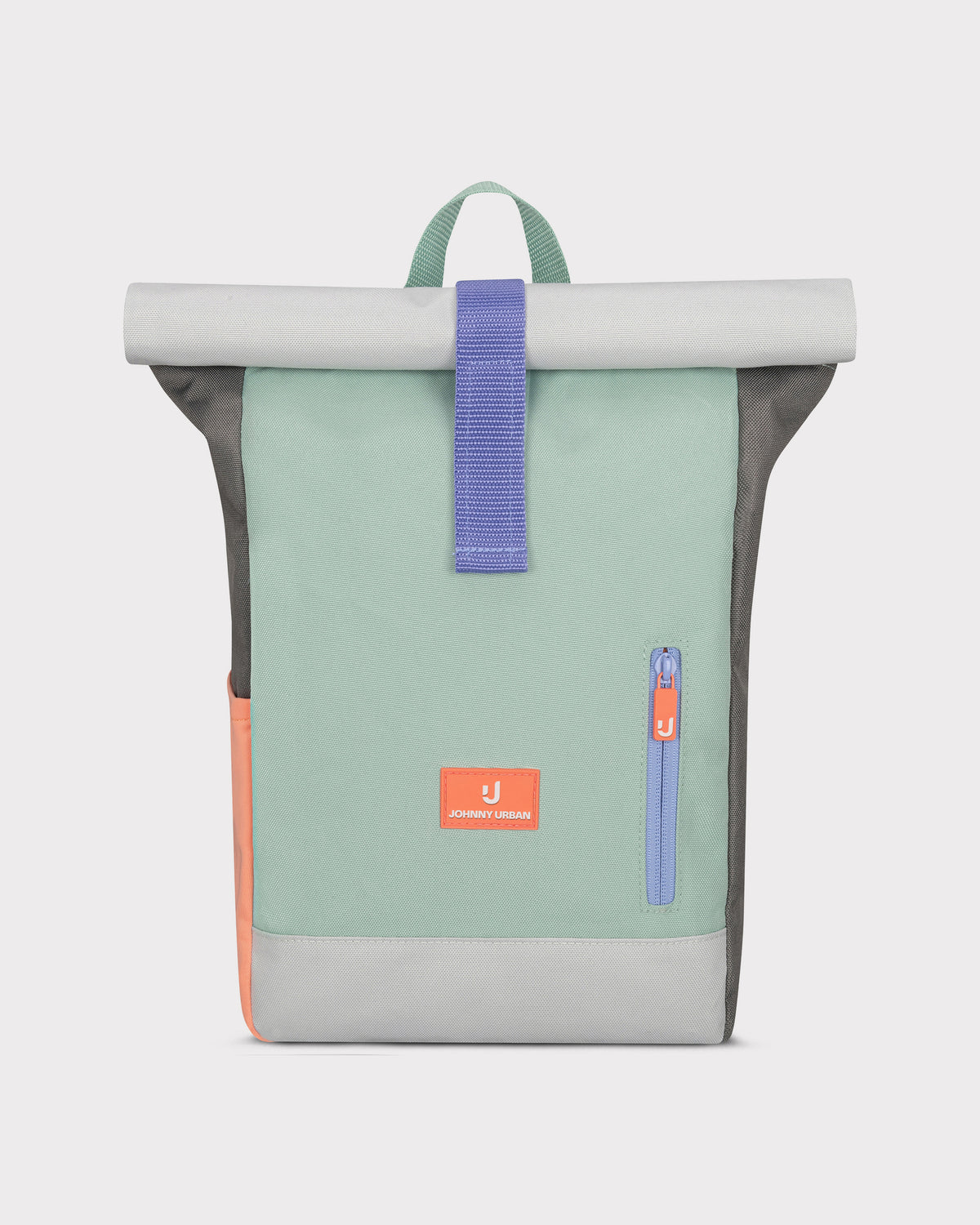 Johnny Urban Rolltop-Kinderrucksack 'Aaron' in Mintgrün mit grauem oberen Abschluss, orangefarbenem Logo und seitlicher Reißverschlusstasche