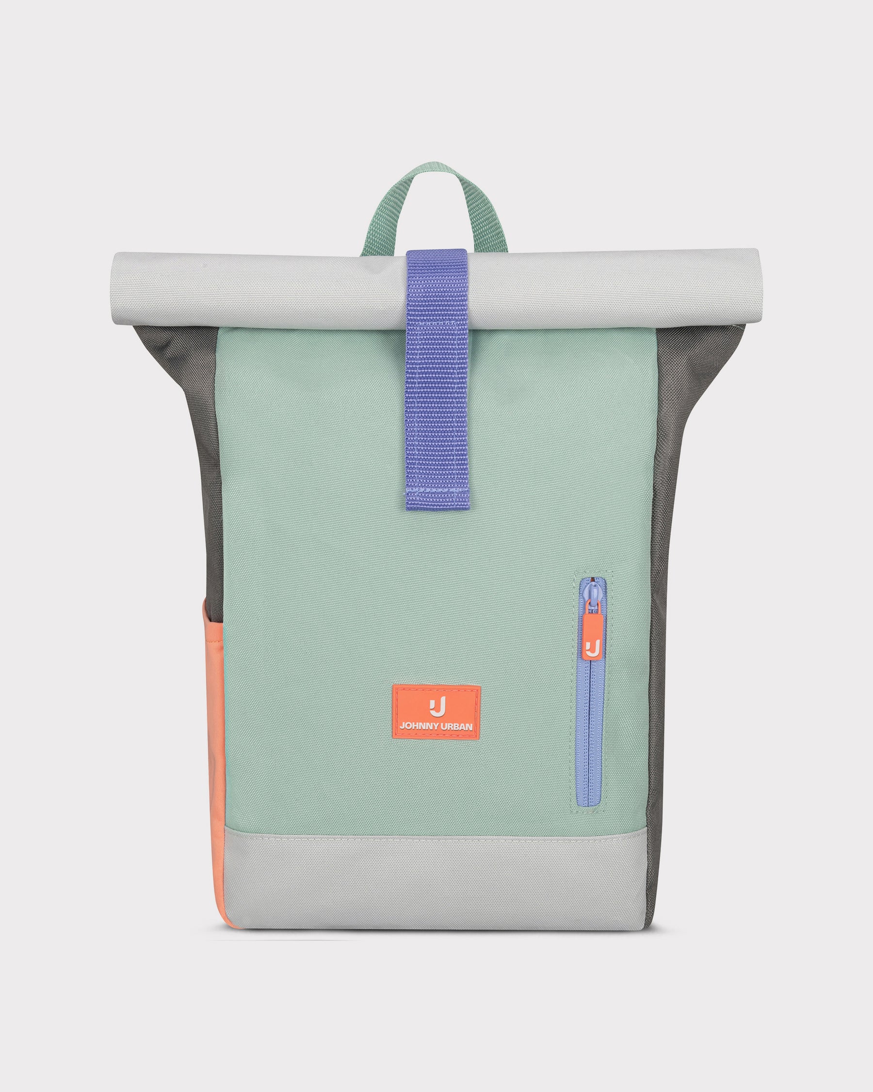 Johnny Urban Rolltop-Kinderrucksack 'Aaron' in Mintgrün mit grauem oberen Abschluss, orangefarbenem Logo und seitlicher Reißverschlusstasche
