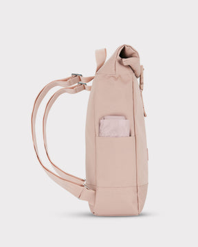 Rolltop Rucksack Robin Small in rosa mit seitlicher Außentasche und gepolsterten Schultergurten