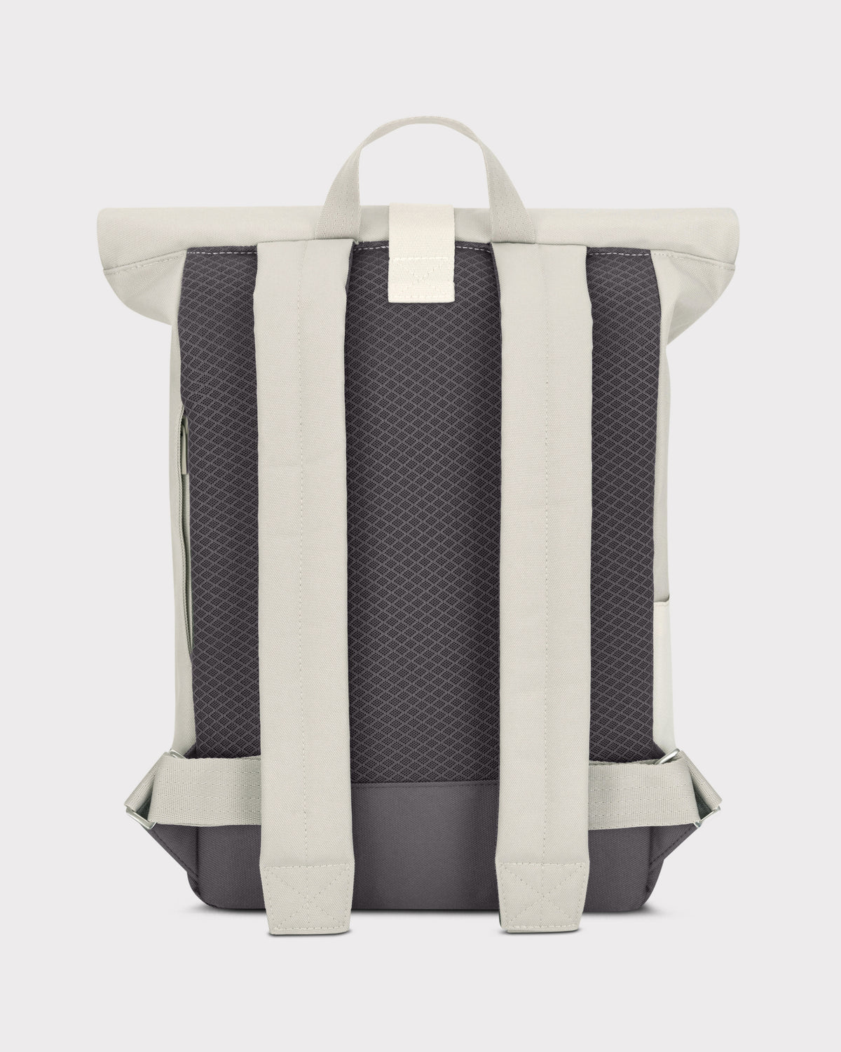 Rückansicht des Rolltop Rucksacks "Ryan" mit gepolsterten, hellen Schultergurten und dunkelgrauem Netzrücken