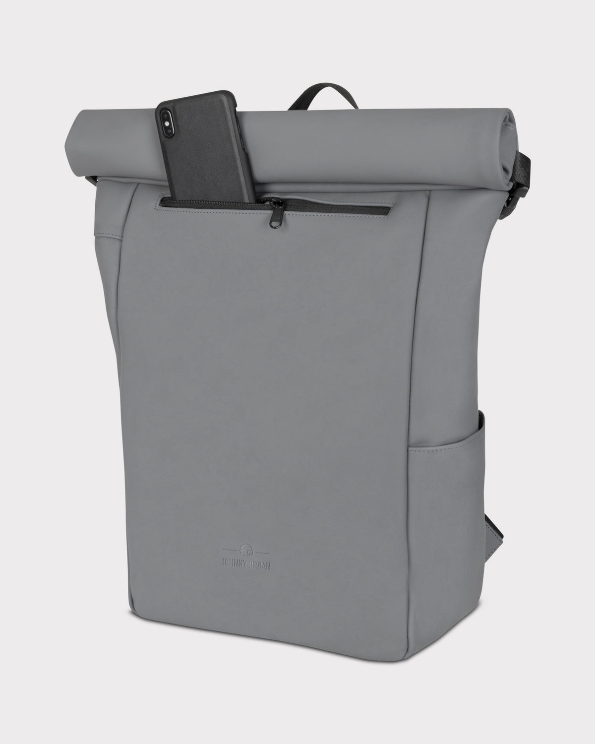 Wasserdichter Rolltop Rucksack Henry in Grau mit seitlicher Tasche und Reißverschlussfach, Handy in äußerem Fach steckend