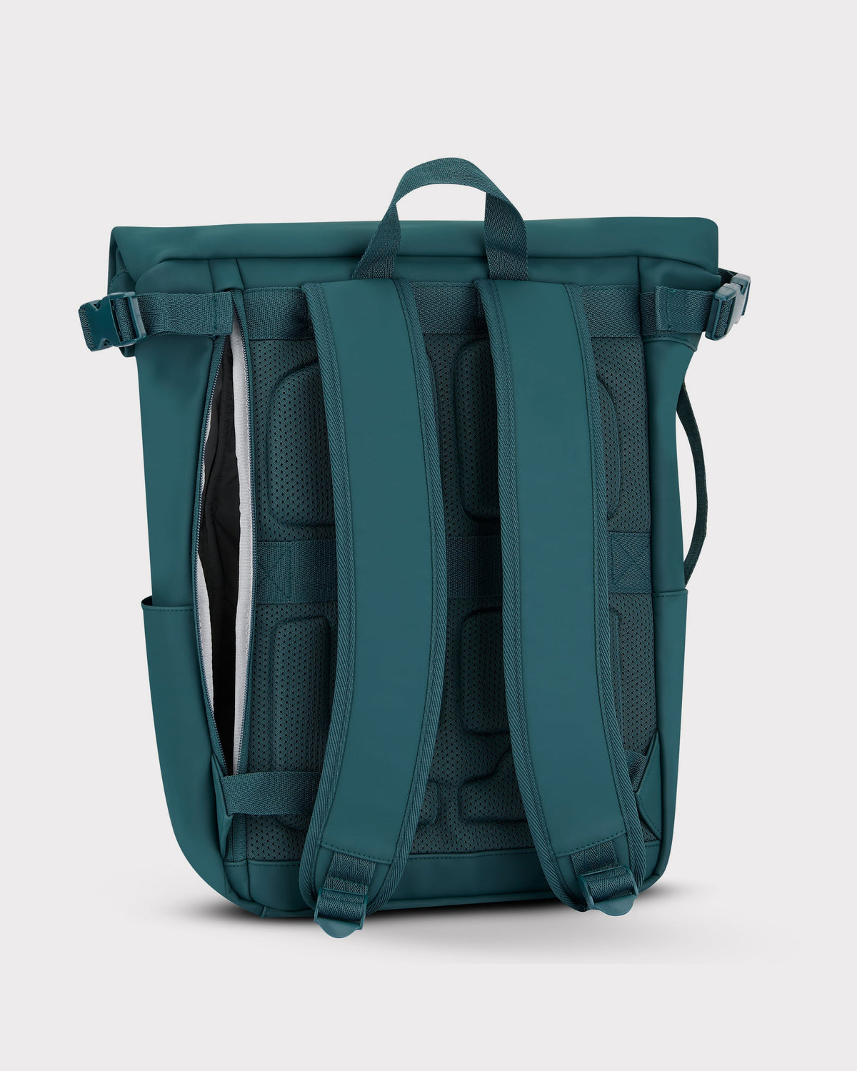 Rolltop Rucksack "Henry" in Petrolfarbe, Rückseite mit gepolsterten Trägern und atmungsaktivem Rückenbereich