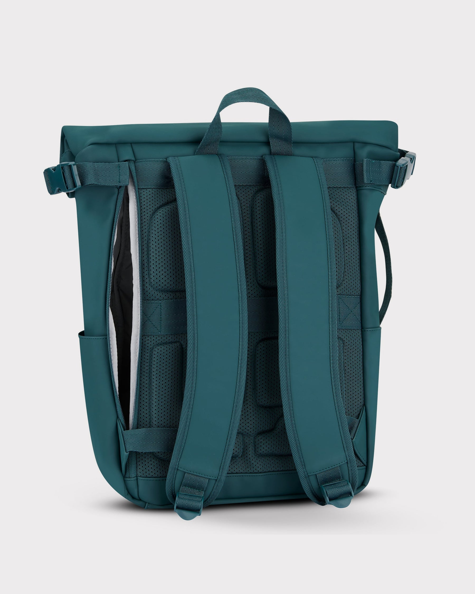 Rolltop Rucksack "Henry" in Petrolfarbe, Rückseite mit gepolsterten Trägern und atmungsaktivem Rückenbereich