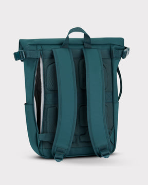 Rolltop Rucksack "Henry" in Petrolfarbe, Rückseite mit gepolsterten Trägern und atmungsaktivem Rückenbereich