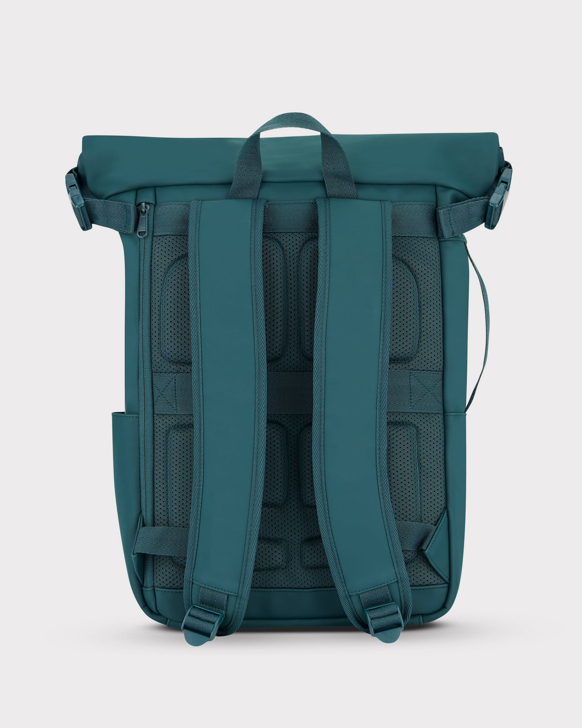 Rückseite des rollbaren Johnny Urban Rucksacks 'Henry' in dunklem Blaugrün mit gepolsterten Schultergurten und Rückenpolsterung