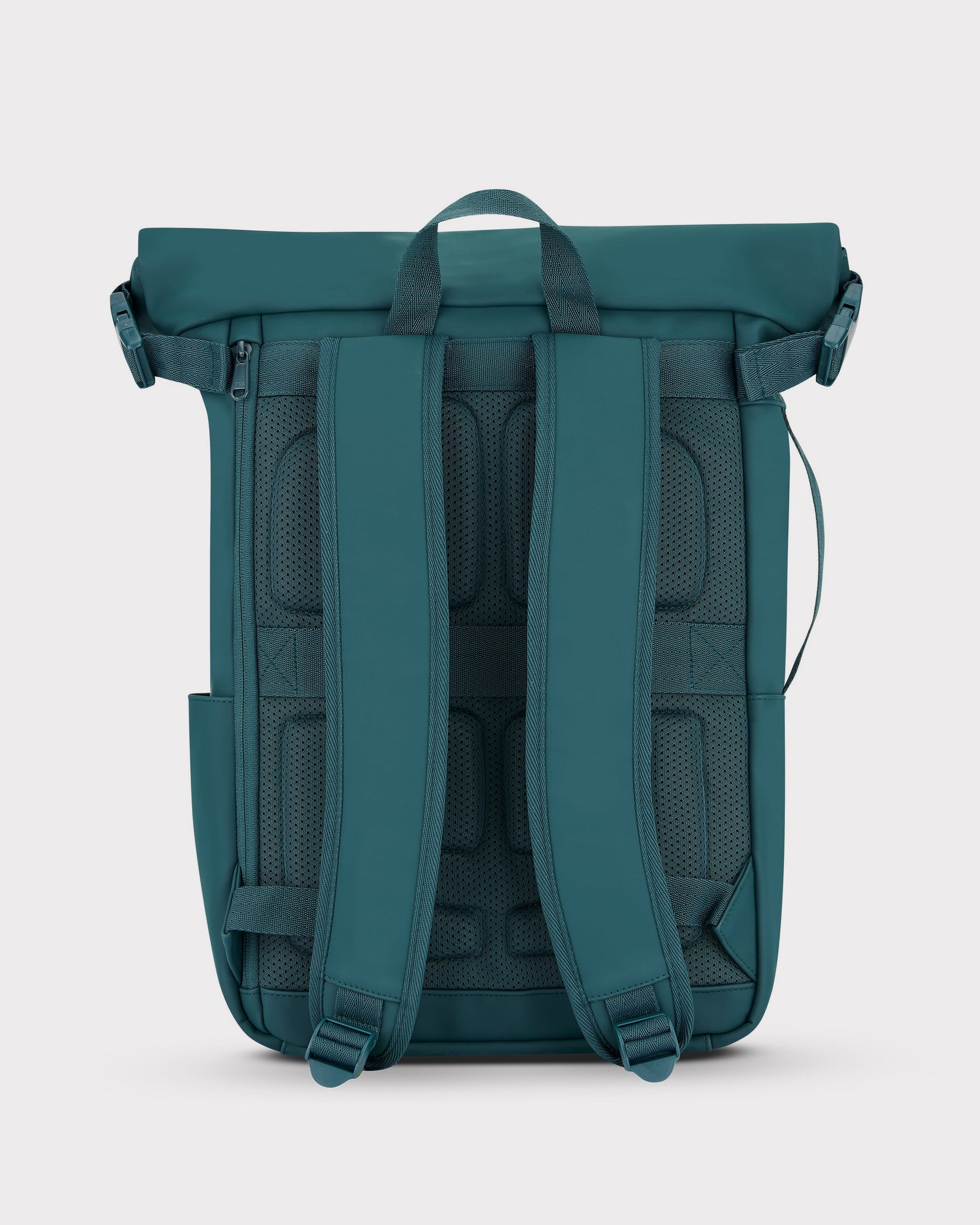 Rückseite des rollbaren Johnny Urban Rucksacks 'Henry' in dunklem Blaugrün mit gepolsterten Schultergurten und Rückenpolsterung