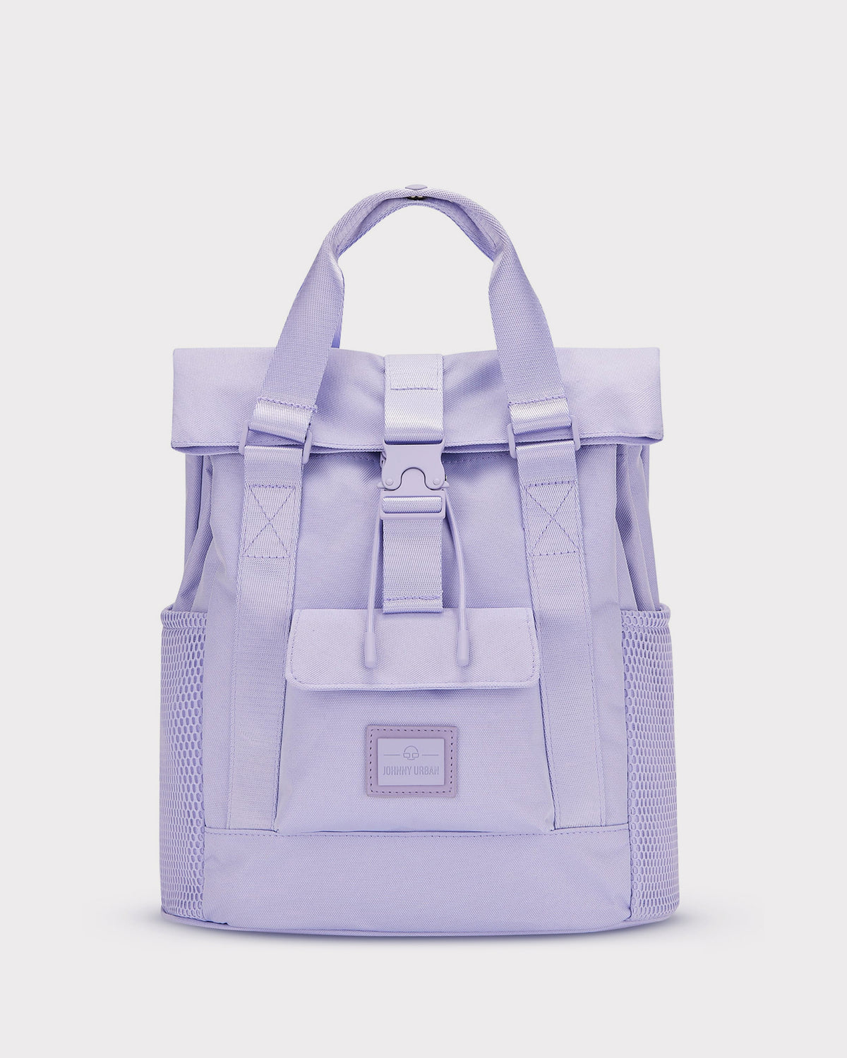Lila-fliederfarbener Rucksack "Jules" mit zwei Schulterriemen, Fronttasche und Seitentaschen aus Mesh